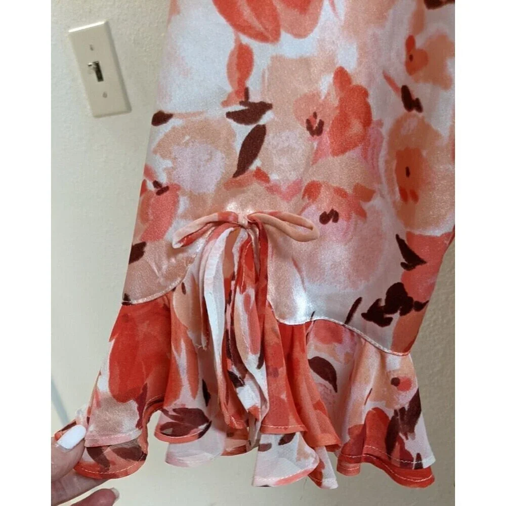 Women's Oscar de la Renta Pink Label Floral Print Ruffle Trim Robe LG